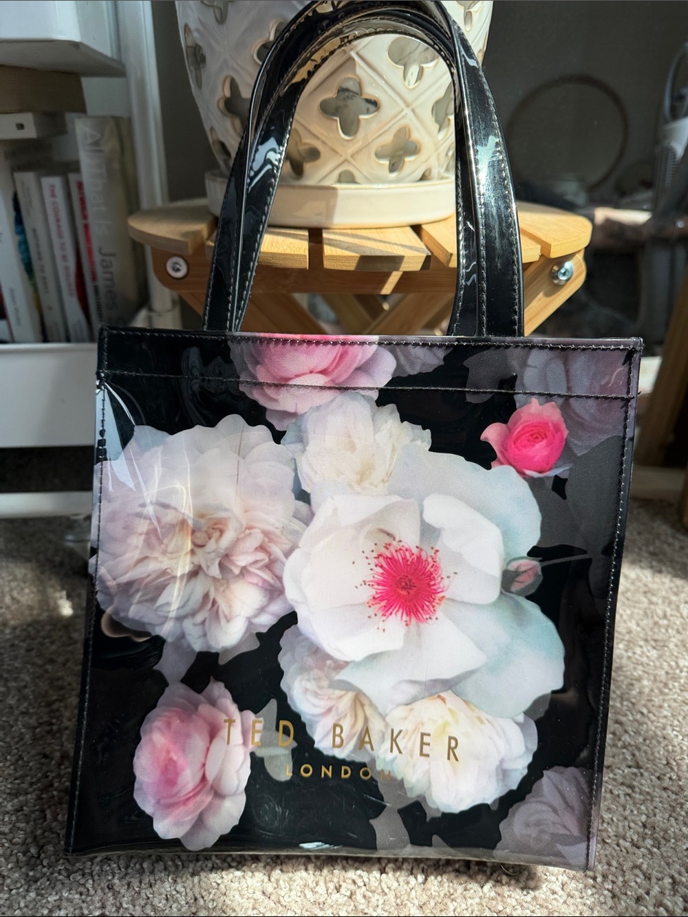 Ted Baker Black Patent Floral Tote with Pink & White Blooms